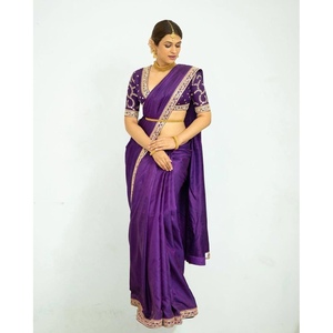 ATRACTIVO JAPÓN BORDADO DE SATÉN SECUENCIA TRABAJO FRONTERA SAREE CON BLUSA DESCOSADA PÚRPURA - Product Image 1