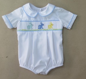 Hand Smocked Bunny Embroidery Cotton/Polyester Breathable <b>Mini</b> Toddler Girl <b>Bubble</b> Romper - Product Image 5