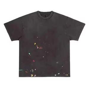 เสื้อยืดแขนสั้นวินเทจคุณภาพสูง ผ้าฝ้าย 100% ประดับคริสตัล โลโก้สีดำด้านหน้า ล้างสีแบบแอซิด พิมพ์ลายพัฟฟ์ สั่งทำได้สำหรับผู้ชาย - Product Image 1