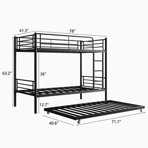 Letto a Castello Nero con Letto Estraibile, Struttura in Metallo con Sponda di Sicurezza a Tutta Lunghezza, Scala Silenziosa, Non Richiede Rete a Doghe, per Bambini - Product Image 6
