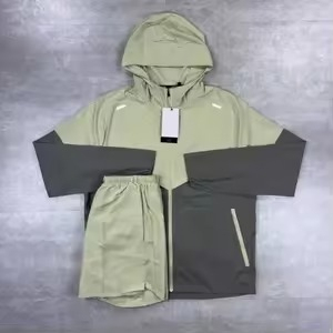 Ensemble de survêtement unisexe blanc et rouge à blocs de couleur, avec capuche et fermeture éclair, manches longues, style sportif, short inclus, en polyester respirant - Product Image 2
