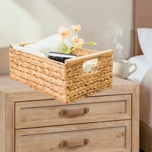 Cesta de almacenamiento grande rectangular de jacinto tejida a mano ISLA con asas de madera para estantería, armario, mueble independiente OEM - Product Image 2