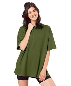 T-shirt ample à col rond et manches courtes pour femme, vert olive, coupe ample, 100% coton, tissu tricoté, à porter toute l'année - Product Image 1