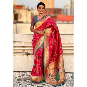 Sari en soie Paithani rose tissé Zari, écharpe et châle indiens traditionnels par Elite Weaves 700g - Product Image 5