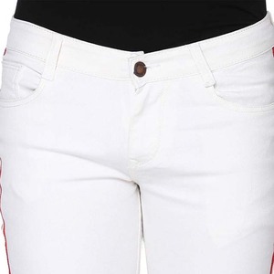 Jean slim blanc pour homme avec bande latérale rouge, coupe droite, en denim de coton décontracté, style été, taille mi-haute, dernière mode - Product Image 6