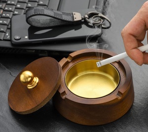 Luxury Wooden Cigar Ashtray <b>Set</b> with Storage Drawer Stainless Steel Metal Liner <b>Square</b> Vintage Wood Ashtray Box Wholesale Tray - Product Image 2