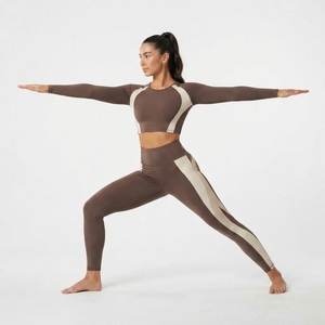 Women <b>Long</b> Sleeve Crop <b>Top</b> High Waist Color Block <b>Leggings</b> Two Piece Fitness Activewear Set - Product Image 6