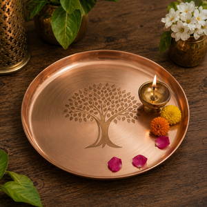 Plateau de prière en cuivre fait main gravé, plateau de Puja, plateau d'Aarti, plateau de prière, décoration de temple, cadeau de Diwali, vente en gros Inde - Product Image 2