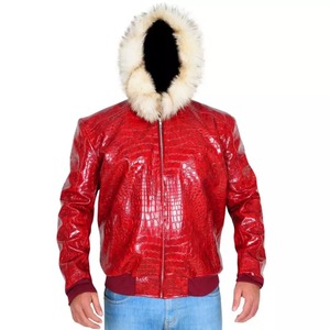 <b>Mens</b> Custom Tailored Crocodile Embossed <b>Sheepskin</b> <b>Leather</b> Hooded Bomber <b>Jacket</b> Fur Trim - Product Image 5
