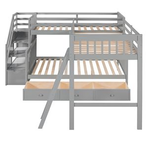Letto a castello a L grigio con letto singolo sopra e letto matrimoniale, 3 cassetti e scaletta, mobili per bambini con scala - Product Image 6