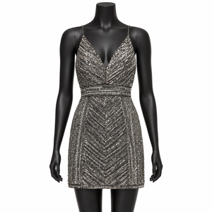 Silver <b>Sequin</b> Mini Dress with Deep V Neck and Spaghetti Straps | Gunmetal Chevron Embellished Fitted Elegant Cocktail Party Wear - Product Image 1