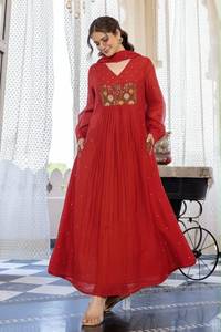 Women Cotton Viscose Anarkali Kurta Pant Dupatta Set Embroidered Ethnic Outfit V Neck Party <b>Wedding</b> Wear Summer Autumn Winter - Product Image 3