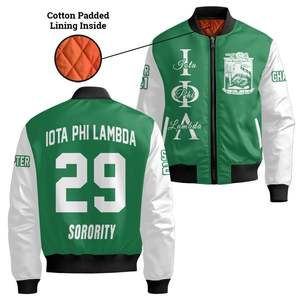 Iota Phi Lambda Women Custom Chapter Varsity Jacket Emerald Green White Greek Letter Crest Front <b>Back</b> Year Zip Bomber Jacket - Product Image 4