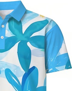Men's Teal Floral Print Button Front Casual Breathable Jersey Knitted Digital Printed Cotton Short Sleeve Shirt - Product Image 5