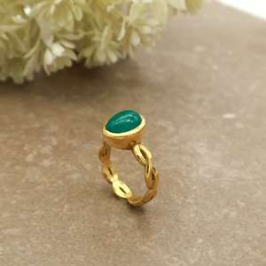 Vintage Oval Green Onyx <b>Ring</b> 18K Gold Plated Scalloped Infinity Band Boho Statement Jewelry - Product Image 1