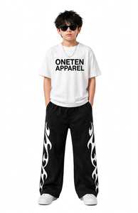 ONETEN APPAREL Kids White Crewneck T-<b>Shirt</b> Black <b>Flame</b> Joggers Streetwear Set Loose Fit Summer Cotton Outfit Boys Children - Product Image 4