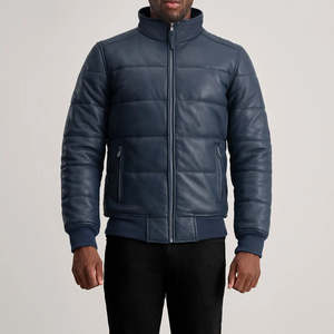 Blouson bomber en cuir bleu pour homme, fermeture éclair, coupe-vent, respirant, séchage rapide, polyester écologique antibactérien - Product Image 2
