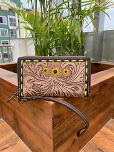 Cartera de mano de cuero tallado para mujer, Cartera de cuero tallada Floral de estilo Vintage, hecha a mano, billetera occidental - Product Image 2