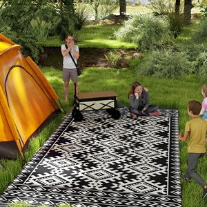 Tappeto da esterno reversibile bianco e nero 9 'X 18' impermeabile in plastica con bordo a rombo borsa - Product Image 2