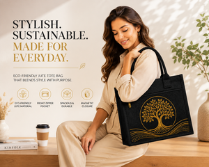Sac fourre-tout en jute laminé noir AMANI, imprimé arbre, écologique, réutilisable, avec poche zippée en corde, vente en gros pour exposition - Product Image 5