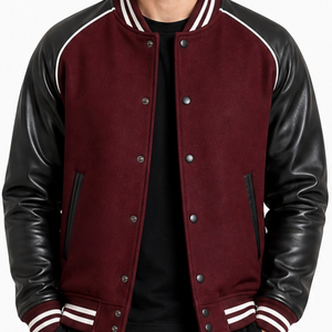Veste universitaire pour homme de couleur marron avec manches en cuir PU noir, fermeture à boutons, vêtement décontracté, coupe classique, col rabattu, couleur unie - Product Image 2