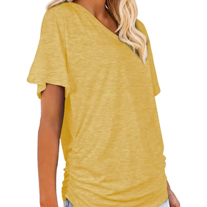 Camisetas de Mujer con Cuello en V, 100% Lona de Poliéster, Alta Calidad, Tallas Grandes, Casuales, Transpirables, Diseño Sólido con Decoración de Botones, para Todas las Temporadas - Product Image 1