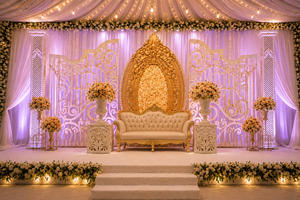 Glamorous Professional Muslim Walima Wedding Stage Decor Set with Luxury Gold & Red <b>Curtains</b> Lightweight Chandelier Lighting - Product Image 6