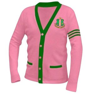 Pink <b>Varsity</b> <b>Cardigan</b> Sweater with Green Trim Button Front Long Sleeve Knit Pullover Casual Fashion Sweater for Women - Product Image 1