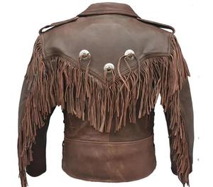 Veste en cuir marron à franges pour homme, manches longues, style western, toutes saisons - Product Image 1