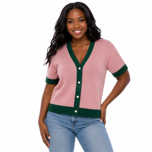 Cosh International Sorority Sisterhood Acrylic Pink Green Contrast Knitted <b>Cardigan</b> V-Neck <b>Short</b> <b>Sleeve</b> Casual Button Front - Product Image 3