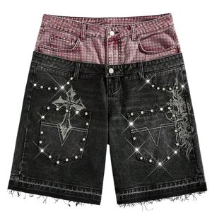 Custom Mens Double Layer Plaid <b>Waist</b> Denim Shorts Rhinestones Cross Graphics Goth Y2K Streetwear Washed Baggy <b>Jeans</b> Jorts Shorts - Product Image 1