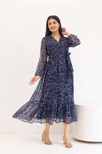 Robe midi en mousseline de soie à imprimé floral romantique, col en V, manches longues, coupe ample, taille naturelle, style décontracté printanier - Product Image 3