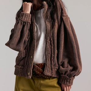 Cárdigan de Punto Personalizado para Mujer, 100% Acrílico, Color Sólido, Manga Abullonada, Cuello Redondo, Cierre de Botones, Estilo Casual para Otoño - Product Image 1