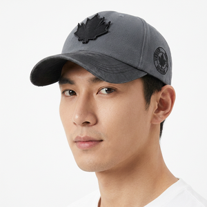 Adjustable Gray <b>Vintage</b> Sporty Baseball <b>Cap</b> with Black Maple Leaf Applique Front Panel Unisex Casual Denim 6-Panel Design - Product Image 4