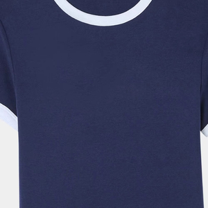 <b>Women's</b> <b>Navy</b> Blue Crop <b>Top</b> Short Sleeve Crew Neck Solid Color 100% Cotton Jersey Casual All Seasons Regular Breathable Logo - Product Image 2