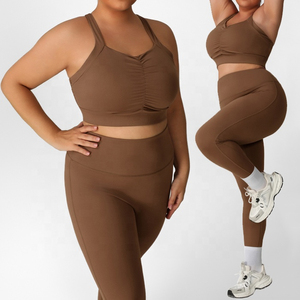 Women's Brown 2-Piece Yoga Set Crisscross Straps Ruched Crop <b>Top</b> High Waist Leggings Plus Size Seamless Breathable Spandex - Product Image 1