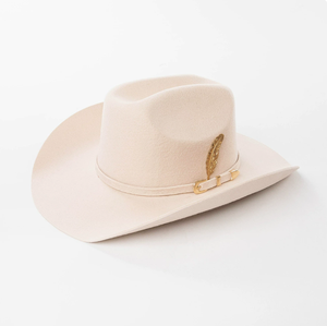 Unisex Beige Leather Striped Cowboy <b>Hat</b> with Gold Feather <b>Band</b> Casual Western Style Adult Summer Beach 56-58cm HN-3019 - Product Image 1