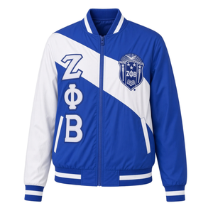 Chaqueta Cortavientos Azul Rey y Blanco Zeta Phi Beta con Cremallera Completa, Bordado de Letras Griegas, Bloques de Color y Ribetes Acanalados, Prenda Exterior de Sororidad - Product Image 3