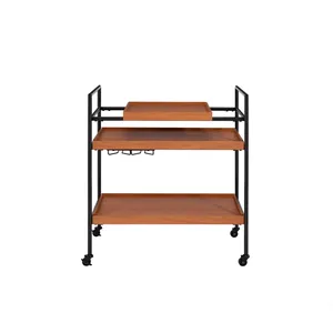 Chariot de bar minimaliste en bois avec structure métallique, chariot de service à trois niveaux avec roulettes et porte-bouteilles, forme rectangulaire, durable - Product Image 1