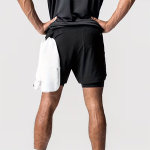Men's Compression Short Double <b>Layer</b> Black Color Inner Pocket Running Gym Fitness Training Shorts With Airflow Support - Product Image 3