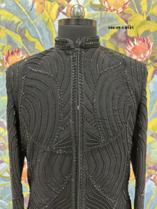 Traje Imperial Jet Black TR Lachka Base Sherwani Noir Vortex con Cuentas de Vidrio en Forma de Onda Concéntrica Topográfica Codificada - Product Image 1