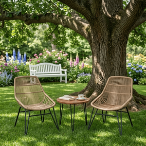 Ensemble de salle à manger d'extérieur en rotin avec fauteuils et table ronde en teck, structure en acier résistant à la rouille, deux places, pour jardin, patio, véranda - Product Image 1