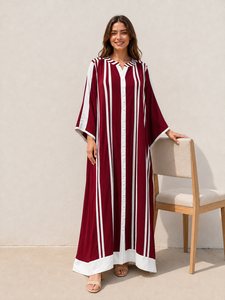 Premium Quality Maroon Color Striped Print Abaya Dress Women's <b>Kaftan</b> Loose Fit <b>Long</b> Sleeves Front Border Button Daily Wear - Product Image 1
