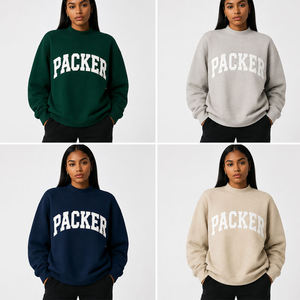 เสื้อสเวตเชิ้ตคอกลมสีเบจสำหรับผู้หญิง พิมพ์ลายตัวอักษร Packer ผ้าฝ้ายถักทรงโอเวอร์ไซส์ สไตล์วาร์ซิตี้แบบพรีปปี้สำหรับฤดูหนาว คอเต่า - Product Image 3