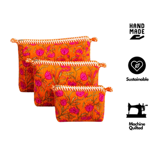 Bohemian Jaipur Block Print Cotton Quilted Cosmetic Bag Set <b>Orange</b> Pink Floral Soft Handle Multi Function Non Toxic Dyes Durable - Product Image 2