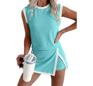Wholesale 2 Piece Sets for Women Summer Outfits Ribbed Knit Tank Top and <b>Split</b> Lined <b>Skirt</b> Two Pieces Lounge Matching Set - Product Image 1