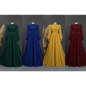 Elegante vestido de noche de gasa con corte en A |   Vestido formal hasta la rodilla con cuello alto, mangas abullonadas y pliegues frontales |   Vestido de invitada de boda con cintura imperio - Product Image 6