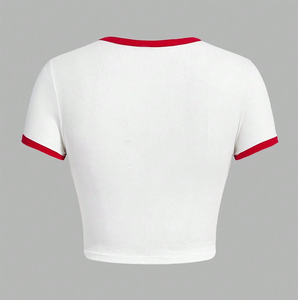 <b>White</b> Short Sleeve Crop Top O-Neck <b>Slim</b> <b>Fit</b> Knitted Men's T-<b>Shirt</b> With Red Contrast Trim Casual Solid Design - Product Image 1