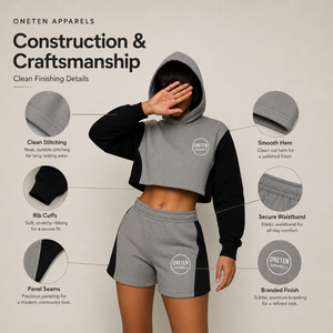 ONETEN APPARELS Ensemble short et sweat à capuche court pour femme, gris et noir, avec empiècements contrastants, en molleton, style sportswear, streetwear, décontracté, respirant, coupe ample - Product Image 3