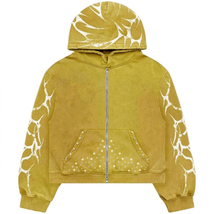 Sudadera con capucha unisex personalizada con cremallera completa, bolsillo con pedrería, lavado mineral, estilo streetwear, estampado gráfico, corte holgado y corto, de forro polar para invierno - Product Image 2